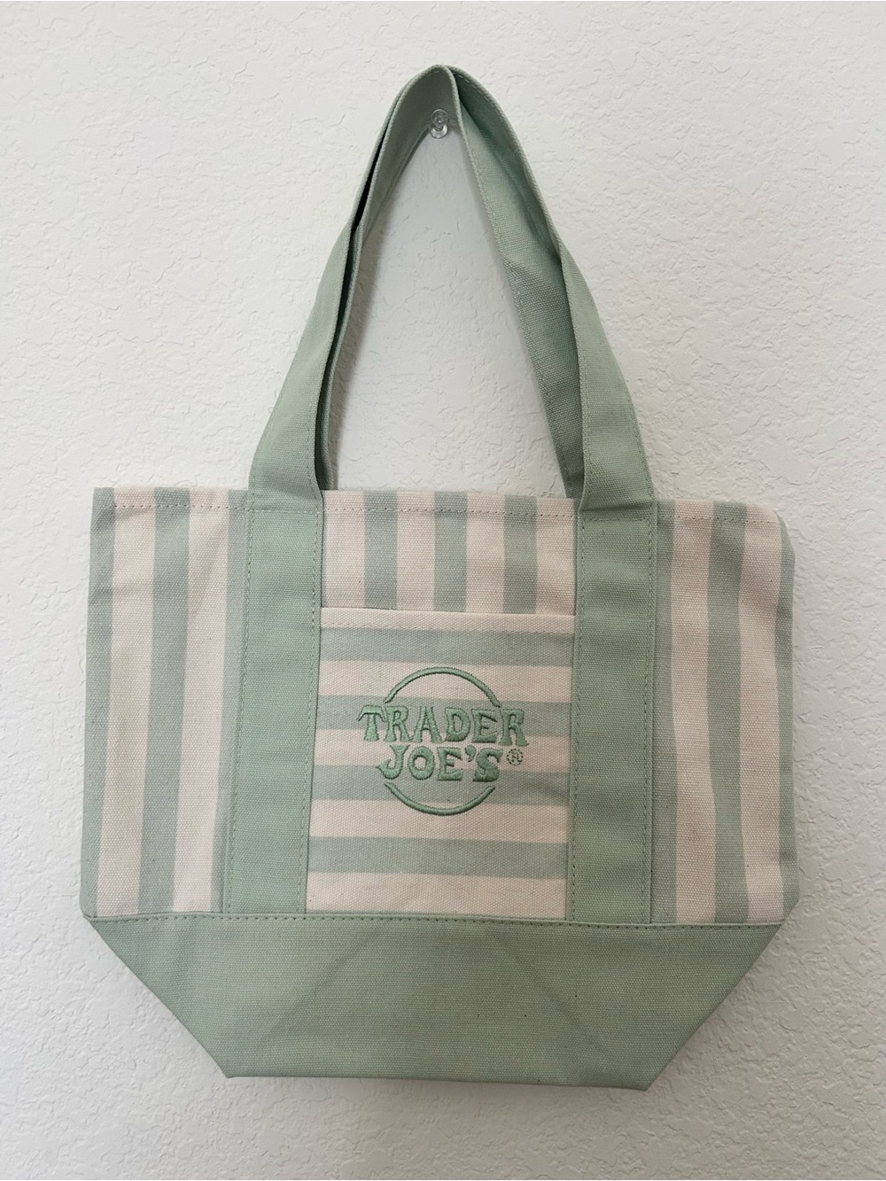 Trader Joe's Striped Mini Tote Bag in Sage Green and Cream - Picture 2 of 2